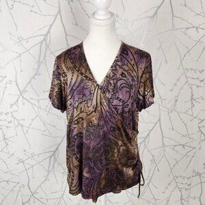 Initiatives Paisley Floral Print Rhinestone Slinky Knit Ruched Top